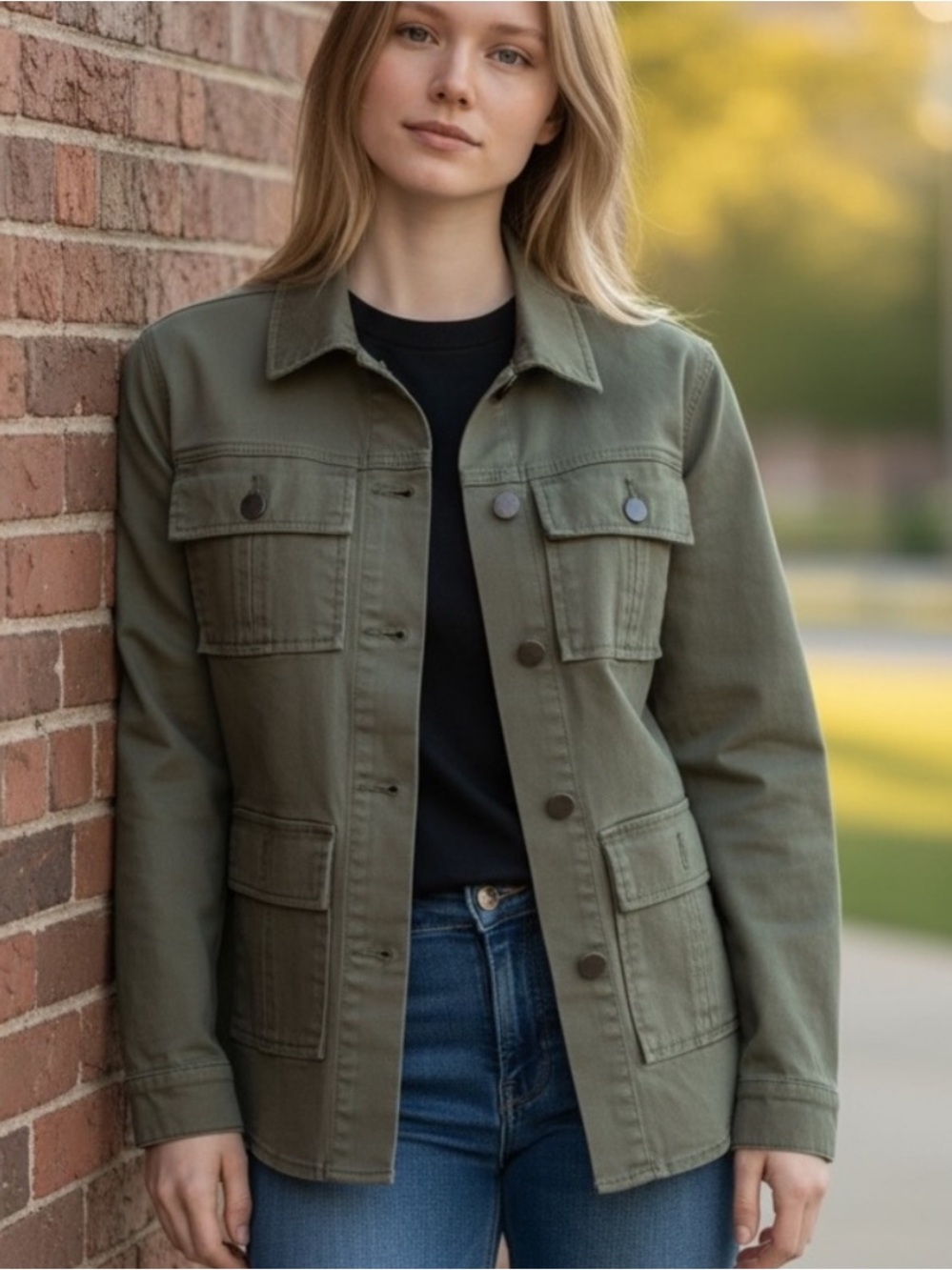 1822 Denim Olive Utility Jacket with Patch Pockets